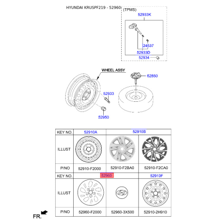 Облицовка, колеса 52960-3X500 Mobis - 529603X500 - схема с каталога 52960, KRUSPF219 529603X500