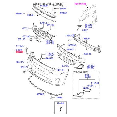 Кронштейн, буфер правий 86584-1R000 Mobis - 865841R000 - схема з каталогу 86536, KHMAPSB15 865841R000