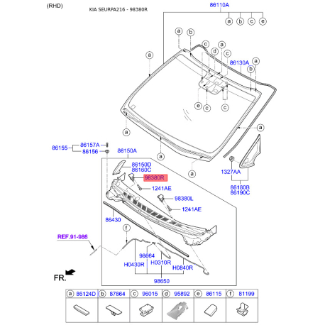Форсунка (розпилювач) омивача вітрового скла права 98630-A2900 Mobis - 98630A2900 - схема з каталогу 98380R, SEURPA216 98630A2900
