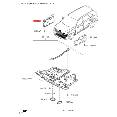 Защита двигателя / поддона двигателя правая 29120-2W000 Mobis - 291202W000 - схема с каталога 29120J, KEURPXM12 291202W000