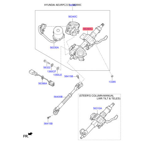 Рульова колонка без мотора електропідсилювача 56390-C1500 Mobis - 56390C1500 - схема з каталогу 56390C, AEURPC215 56390C1500