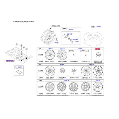 Облицовка, колеса 52960-2V100 Mobis - 529602V100 - схема с каталога 52960, TEURPC818 529602V100