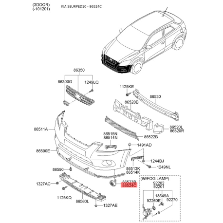 Облицовка, противотуманная фара передняя правая 86564-1H220 Mobis - 865641H220 - схема с каталога 86524C, SEURPED10 865641H220