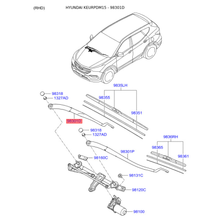Рычаг стеклоочистителя 98311-2W100 Mobis - 983112W100 - схема с каталога 98301D, KEURPDM15 983112W100