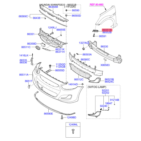 Кронштейн, буфер лівий верхній 86513-1R000 Mobis - 865131R000 - схема з каталогу 86551B, KHMAPSB15 865131R000