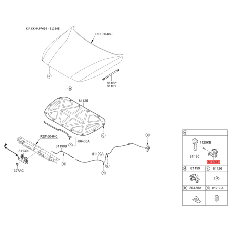 Ручка троса капота та її кріплення 81180-3S000 Mobis - 811803S000 - схема з каталогу 81180E, KKMAPF616 811803S000