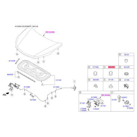Упор (отбойник) капота 86410-2W000 Mobis - 864102W000 - схема с каталога 86415A, KEURPB816 864102W000