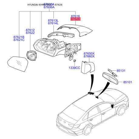 Накладка (крышка) наружного зеркала задняя правая 87626-C1000 Mobis - 87626C1000 - схема с каталога 87626, KHMAPE617 87626C1000