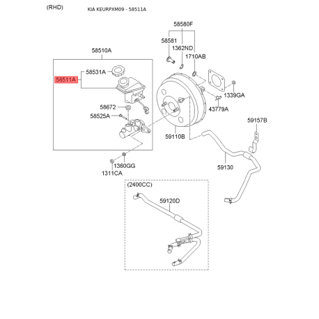 Бачок головного гальмівного циліндра 58511-2P300 Mobis - 585112P300 - схема з каталогу 58511A, KEURPXM09 585112P300