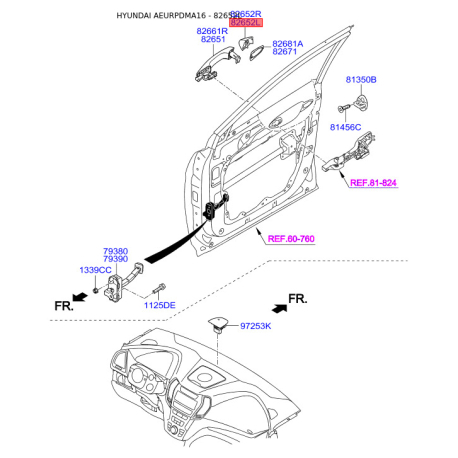 Система управления ручки двери левая 82652-2W010 Mobis - 826522W010 - схема с каталога 82652L, AEURPDMA16 826522W010