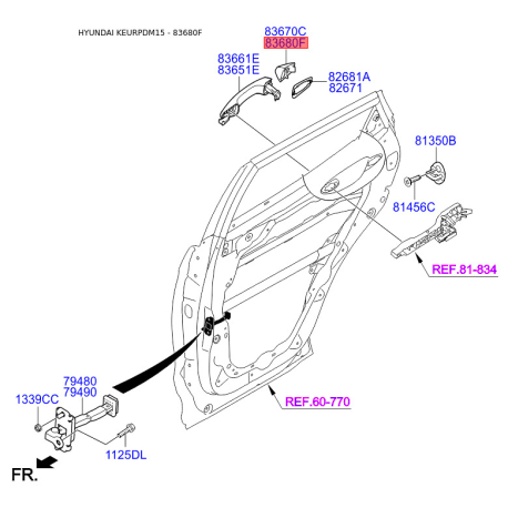 Система управления ручки двери правая 83662-2W000 Mobis - 836622W000 - схема с каталога 83680F, KEURPDM15 836622W000