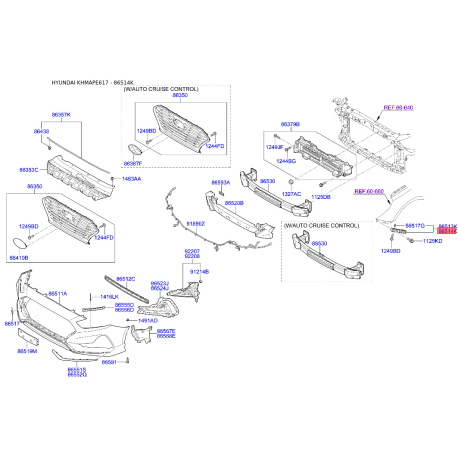 Кронштейн, буфер правий 86514-C1AA0 Mobis - 86514C1AA0 - схема з каталогу 86514K, KHMAPE617 86514C1AA0