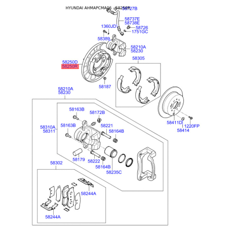 Щит заднього стоянкового гальма в зборі задній правий 58270-2B000 Mobis - 582702B000 - схема з каталогу 58250R, AHMAPCMA06 582702B000