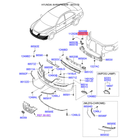 Кронштейн, буфер левый 86557-3K000 Mobis - 865573K000 - схема с каталога 86557B, AHMAPNFA08 865573K000