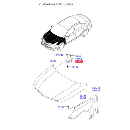 Петля капота левая 79110-3S000 Mobis - 791103S000 - схема с каталога 79110, KHMAPGFE11 791103S000