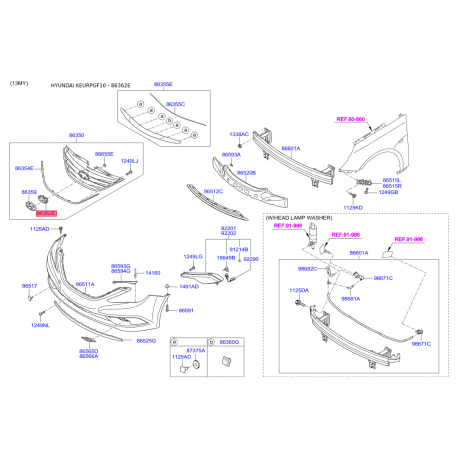 Решетка радиатора 86352-3S000 Mobis - 863523S000 - схема с каталога 86362E, KEURPGF10 863523S000