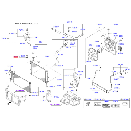 Крепление радиатора верхнее 25333-3S000 Mobis - 253333S000 - схема с каталога 25333, KHMAPGFE11 253333S000