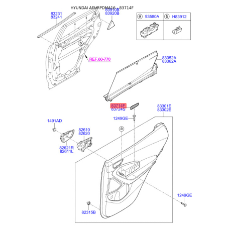 Заглушка внутрішньої ручки дверей ліва 83714-2W000RYN Mobis - 837142W000RYN - схема з каталогу 83714F, AEURPDMA16 837142W000RYN