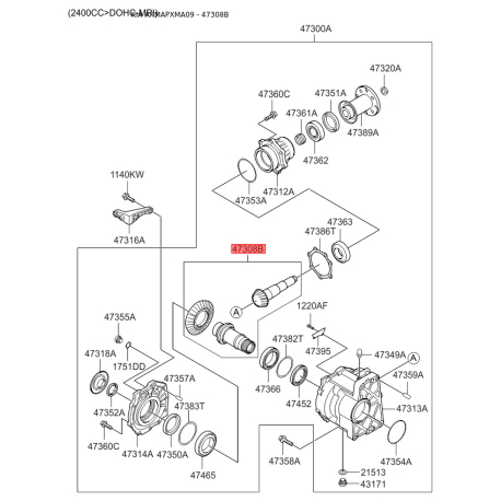 Главная пара (гипоидная передача) раздаточной коробки 47339-3B200 Mobis - 473393B200 - схема с каталога 47308B, AKMAPXMA09 473393B200