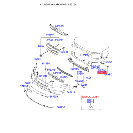 Кронштейн, буфер правый 86516-2B000 Mobis - 865162B000 - схема с каталога 86516A, AHMAPCMA06 865162B000