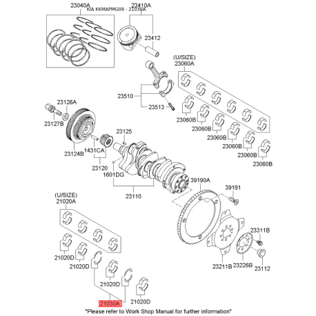 Комплект шайб регулювальних, колінчастий вал 21030-3E000 Mobis - 210303E000 - схема з каталогу 21030A, KKMAPMG09 210303E000