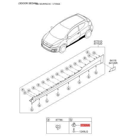 Пістон (кліпса) бампера і оббивки салону квадратна 87759-2Q000 Mobis - 877592Q000 - схема з каталогу 1730AA, SEURPA216 877592Q000