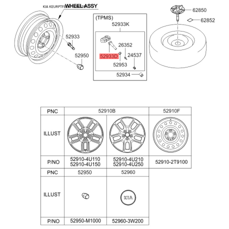 Датчик давления воздуха в шинах 52936-1J000 Mobis - 529361J000 - схема с каталога 52933D, KEURPTFE14 529361J000