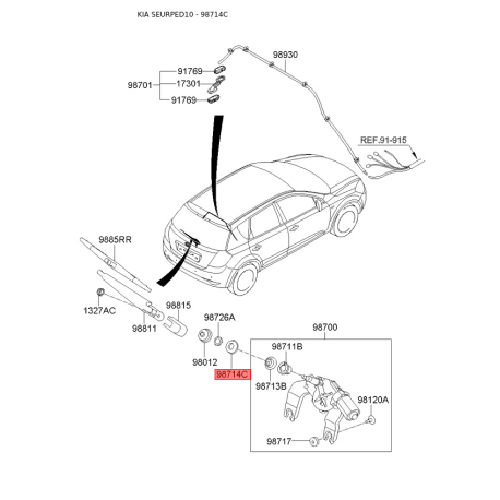 Крепление заднего рычага стеклоочистителя и трапеции 98714-1H000 Mobis - 987141H000 - схема с каталога 98714C, SEURPED10 987141H000