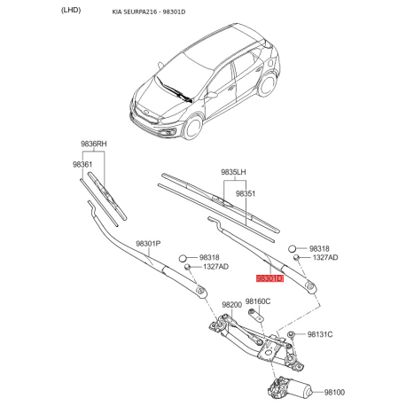 Рычаг стеклоочистителя 98310-A2000 Mobis - 98310A2000 - схема с каталога 98301D, SEURPA216 98310A2000