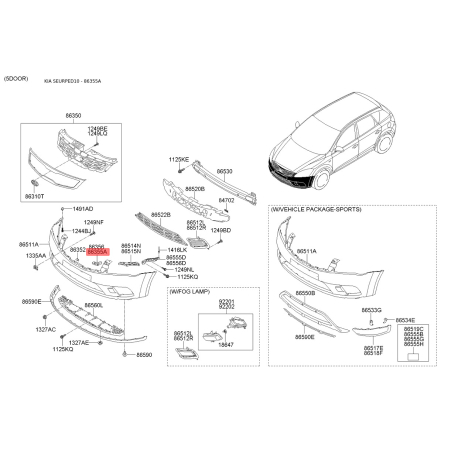 Кронштейн, буфер лівий 86353-1H500 Mobis - 863531H500 - схема з каталогу 86355A, SEURPED10 863531H500