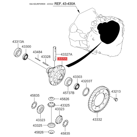 Корпус, диференціал 43322-3B500 Mobis - 433223B500 - схема з каталогу 43322, KEURPXM09 433223B500