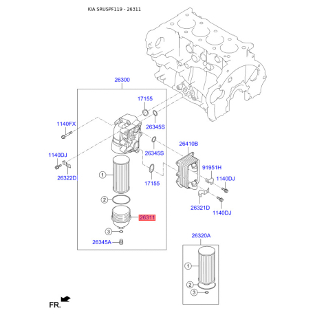 Крышка, сетчатый масляный фильтр 26315-2F001 Mobis - 263152F001 - схема с каталога 26311, SRUSPF119 263152F001
