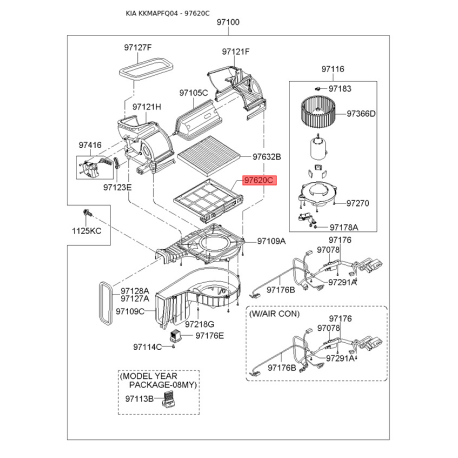 Крышка (корпус или кронштейн) отопителя 97129-2E200 Mobis - 971292E200 - схема с каталога 97620C, KKMAPFQ04 971292E200