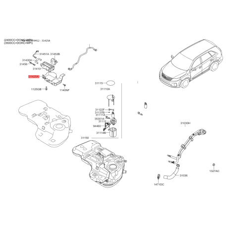 Кронштейн, топливопровод 31425-2W000 Mobis - 314252W000 - схема с каталога 31425A, KEURPXM12 314252W000