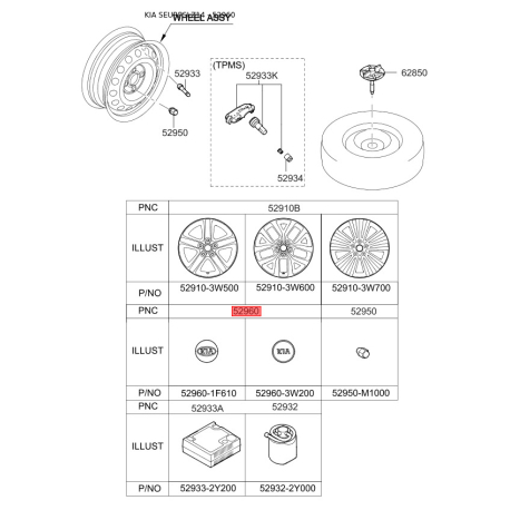 Облицювання, колеса 52960-1F610 Mobis - 529601F610 - схема з каталогу 52960, SEURPSLZ14 529601F610