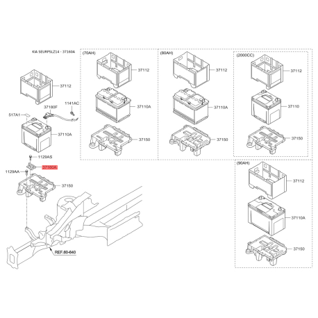 Кріплення акумулятора 37160-2D000 Mobis - 371602D000 - схема з каталогу 37160A, SEURPSLZ14 371602D000
