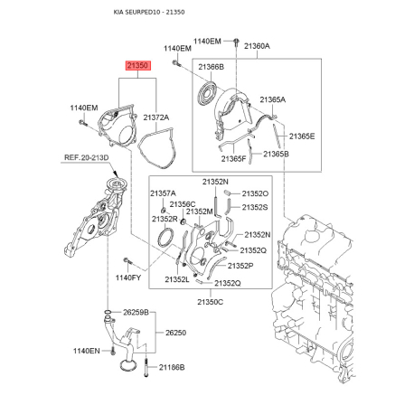Крышка защитная ремня распредвала нижняя 21350-23101 Mobis - 2135023101 - схема с каталога 21350, SEURPED10 2135023101