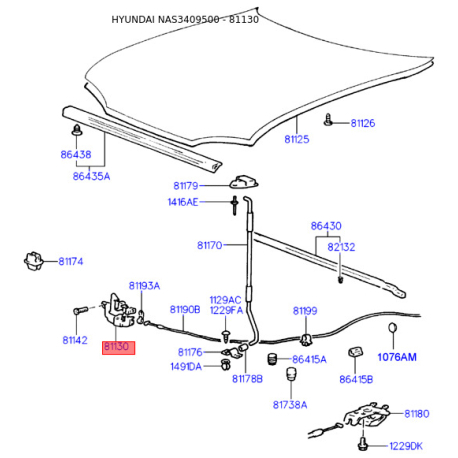 Замок капота 81130-34501 Mobis - 8113034501 - схема с каталога 81130, NAS3409500 8113034501
