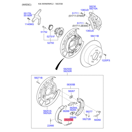 Пружина стяжна верхня колодок стоянкового гальма нижня 58255-37000 Mobis - 5825537000 - схема з каталогу 58255B, KKMAPAM12 5825537000
