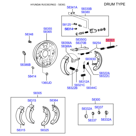 Пружина стяжная верхняя колодок стояночного тормоза правая верхняя 58361-38000 Mobis - 5836138000 - схема с каталога 58361 5836138000