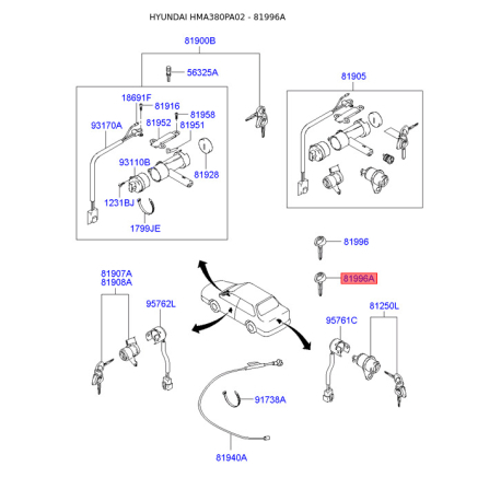 Ключ (вставка) двери в брелок 81996-34010 Mobis - 8199634010 - схема с каталога 81996A, HMA380PA02 8199634010