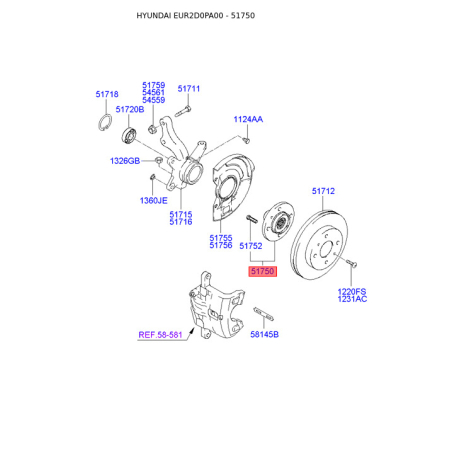 Маточина колеса 51750-2D103 Mobis - 517502D103 - схема з каталогу 51750, EUR2D0PA00 517502D103