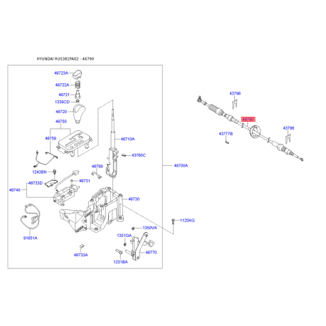 Трос переключения передач АКПП 46790-38111 Mobis - 4679038111 - схема с каталога 46790, RUS381PA02 4679038111