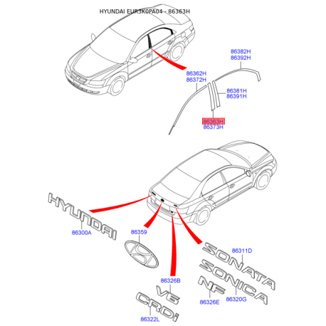 Облицовка / защитная накладка, боковина задняя левая 86363-3K000 Mobis - 863633K000 - схема с каталога 86363H, EUR3K0PA04 863633K000