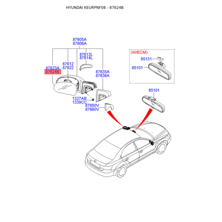 Зеркальный элемент наружного зеркала задний правый 87621-3K100 Mobis - 876213K100 - схема с каталога 87624B, KEURPNF08 876213K100