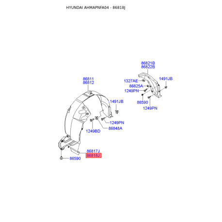 Обшивка (подкрылок), колесная ниша правая 86818-3K000 Mobis - 868183K000 - схема с каталога 86818J, AHMAPNFA04 868183K000