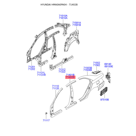 Порог пола (кузов) правый 71402-3KB00 Mobis - 714023KB00 - схема с каталога 71402B, HMA0A0PA04 714023KB00