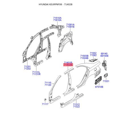Порог пола (кузов) правый 71402-3KB01 Mobis - 714023KB01 - схема с каталога 71402B, KEURPNF08 714023KB01