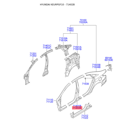 Порог пола (кузов) правый 71402-3SB30 Mobis - 714023SB30 - схема с каталога 71402B, KEURPGF10 714023SB30