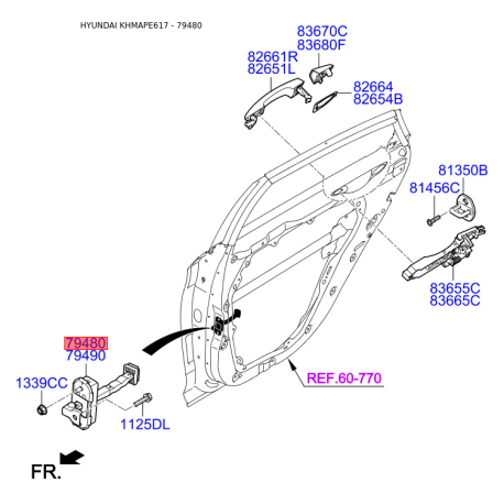 Фіксатор дверей лівий 79480-C1020 Mobis - 79480C1020 - схема з каталогу 79480, KHMAPE617 79480C1020